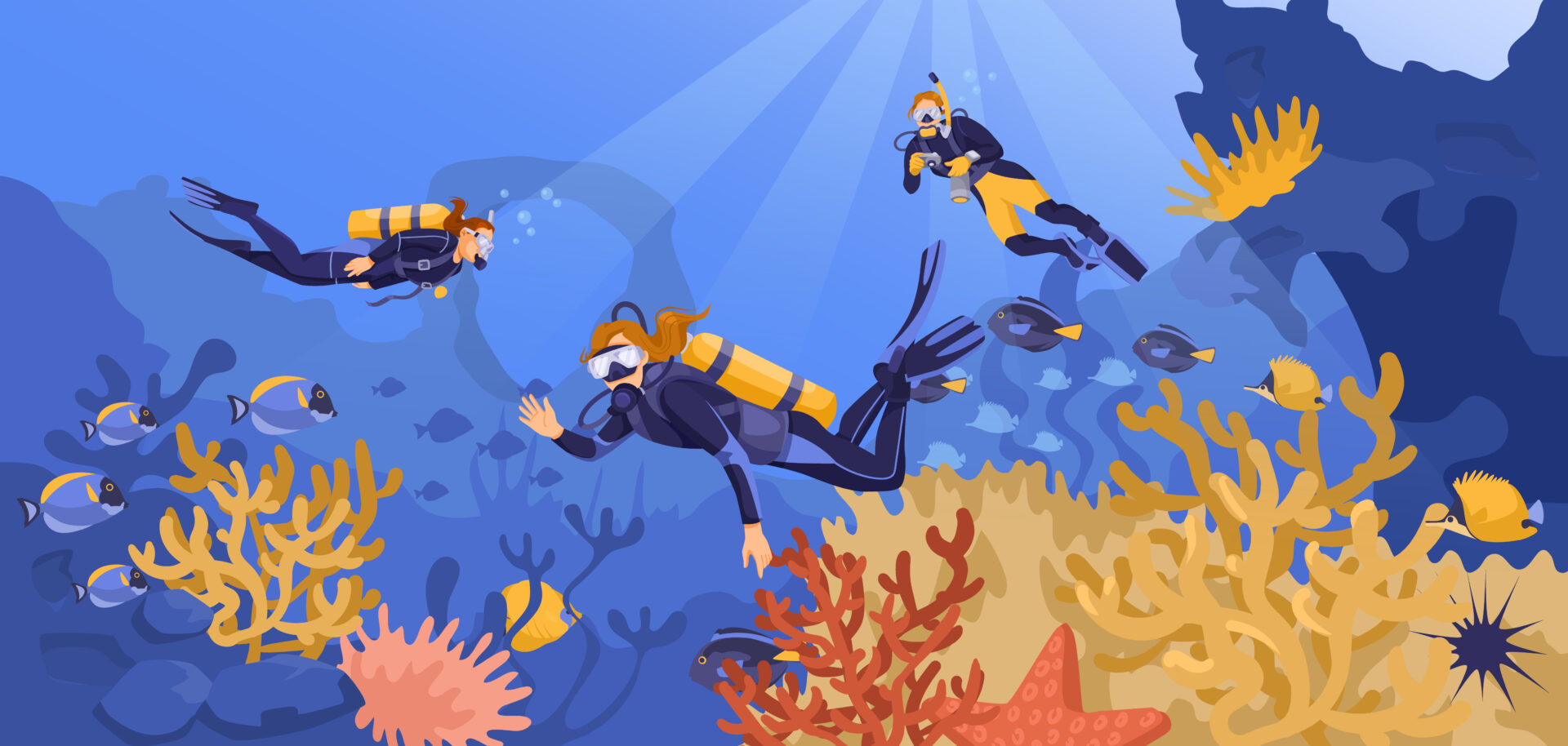 Accueil - Scuba diving on the bottom of the sea. beautiful seascape fauna, fish. corals and algae. divers are exploring ocean nature. concept of exploration and development. vector illustration - Summer Waterfun